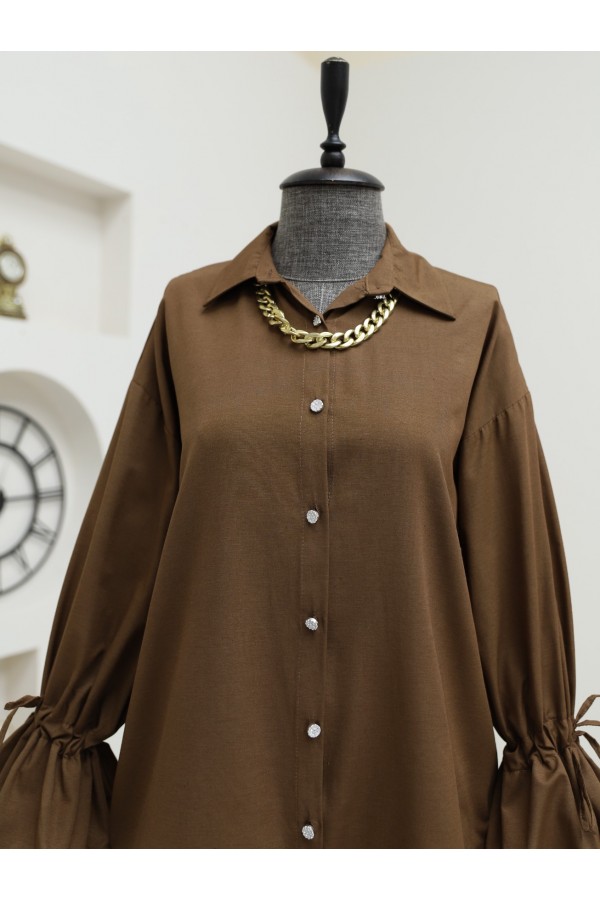 Shirt with gathered sleeves and pleated back -Dark Coffee