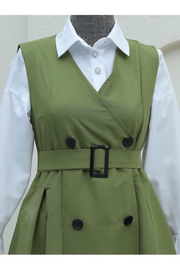 Pleated Skirt Bolero Belted Trench Coat -Khaki