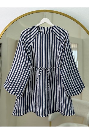 Balloon Sleeve Waist Tie Lined Striped Tunic -Navy blue