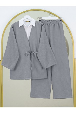 Önden Bağlamalı Pantolonlu Kimono Takım   -Gri
