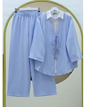 Önü Çift Bağlamalı Pantolonlu Kimono Takım -Bebe Mavi