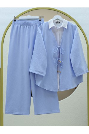 Kimono Set with Double Front Tie and Trousers -Baby Blue