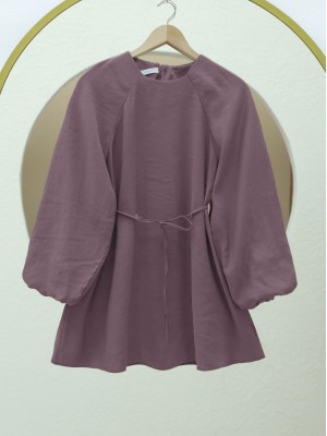 Round Neck Tied Waist Balloon Sleeve Tunic  -Cherry Color
