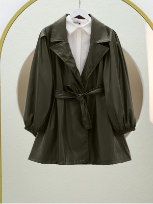 Çift Cepli Düğmeli Kolu Lastikli Deri Kap -Haki