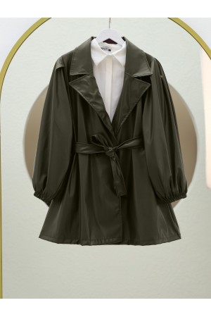 Çift Cepli Düğmeli Kolu Lastikli Deri Kap -Haki