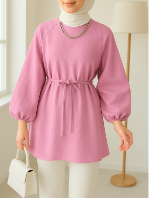 Round Neck Tied Waist Balloon Sleeve Tunic  -Pink