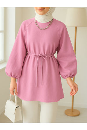Round Neck Tied Waist Balloon Sleeve Tunic  -Pink