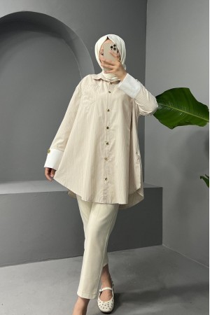 Metal Button Belted Striped Tunic  - Beige