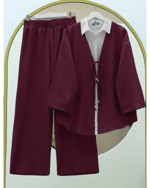 Önü Çift Bağlamalı Pantolonlu Kimono Takım     -Bordo