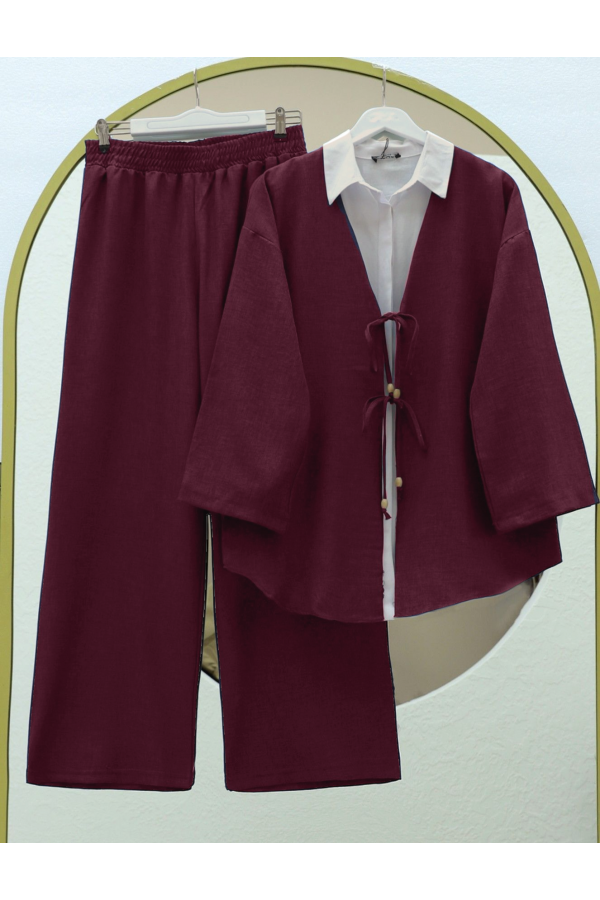 Önü Çift Bağlamalı Pantolonlu Kimono Takım     -Bordo
