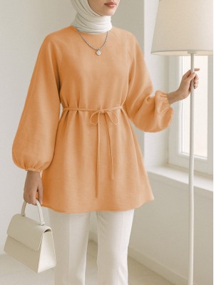 Round Neck Tied Waist Balloon Sleeve Tunic   -Orange