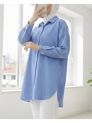 Tek Cepli Çizgili Gömlek  -Mavi