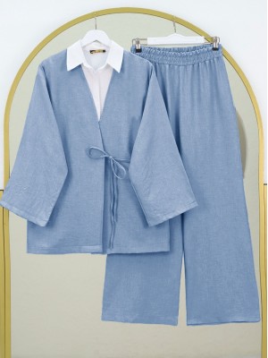Önden Bağlamalı Pantolonlu Kimono Takım        -Mavi