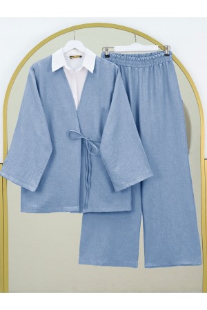 Front Tie Trouser Kimono Set        -Blue