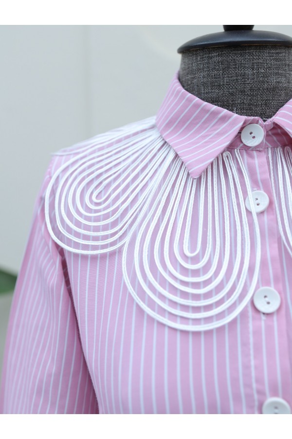 Organza Shirt Collar Striped Belted Dress -Pink