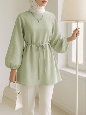 Round Neck Tied Waist Balloon Sleeve Tunic   -Sea green