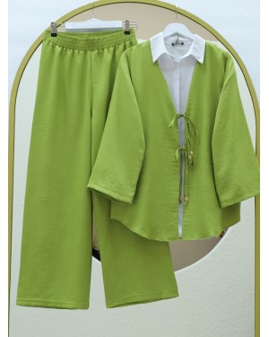 Kimono Set with Double Front Tie and Trousers -Oil Green