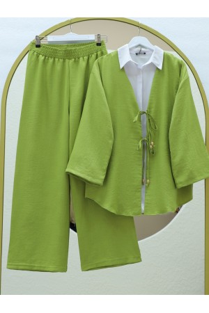 Önü Çift Bağlamalı Pantolonlu Kimono Takım -Yağ Yeşili
