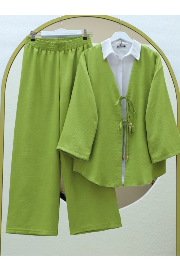 Önü Çift Bağlamalı Pantolonlu Kimono Takım -Yağ Yeşili