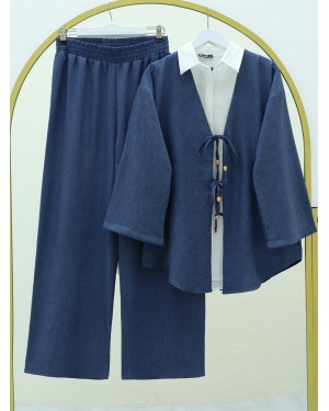 Önü Çift Bağlamalı Pantolonlu Kimono Takım   -İndigo