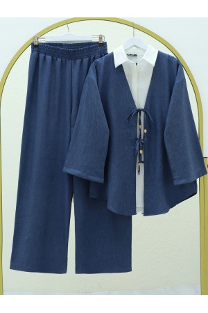 Önü Çift Bağlamalı Pantolonlu Kimono Takım   -İndigo