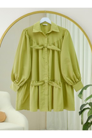 Önü Düğmeli Kurdela Detaylı Salaş Gömlek -Yağ Yeşili