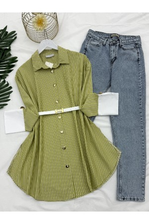 Metal Düğmeli Kemerli Çizgili Tunik -F.Yeşili