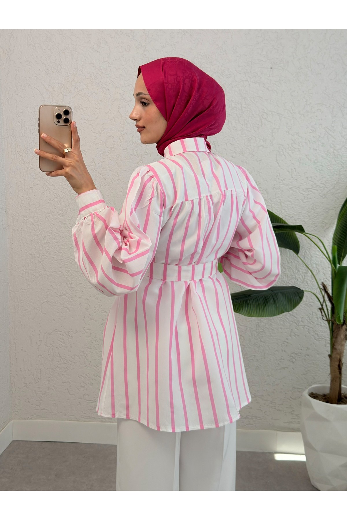 Kalın Çizgili Tokalı Kemerli Gömlek -Pembe