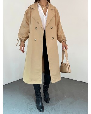 Kapaklı Cepli Kolu Bağcıklı Trençkot -Mink color