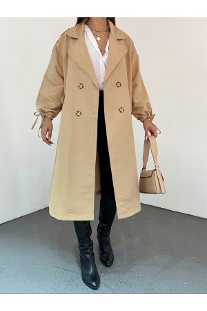 Kapaklı Cepli Kolu Bağcıklı Trençkot -Mink color