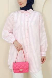 İnce Çizgili Taşlı Düğmeli Salaş Gömlek -Pembe