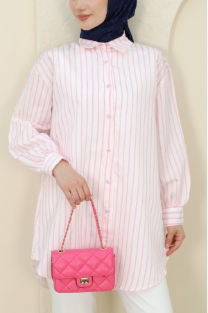 İnce Çizgili Taşlı Düğmeli Salaş Gömlek -Pembe