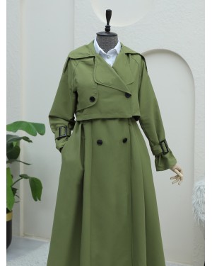 Eteği Pliseli Bolerolu Kemerli Trençkot -Haki