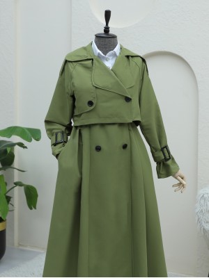 Eteği Pliseli Bolerolu Kemerli Trençkot -Haki