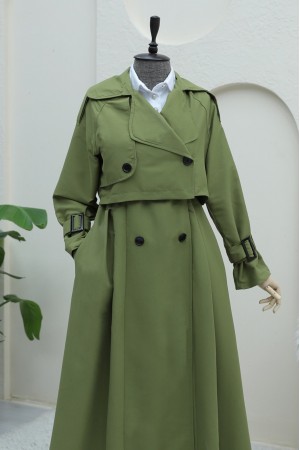 Eteği Pliseli Bolerolu Kemerli Trençkot -Haki