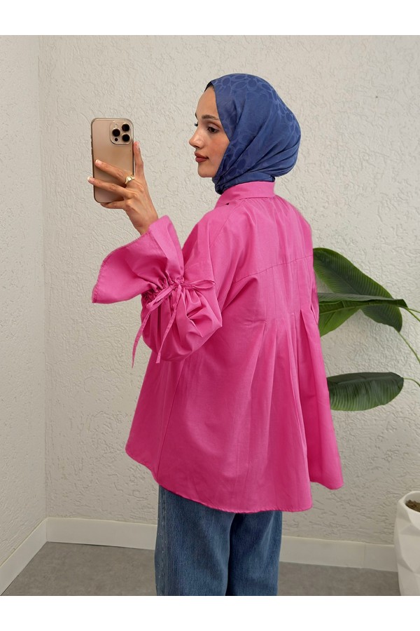 Shirt with gathered sleeves and pleated back  -Fuchsia