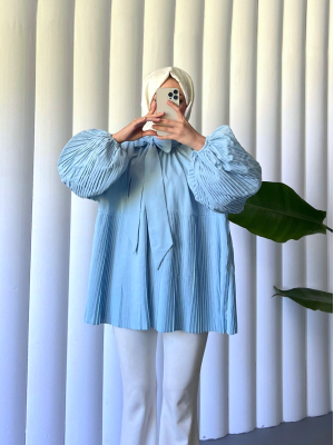 Yakası Bağcıklı Kolları ve Eteği Pliseli Tunik -Bebe Mavi