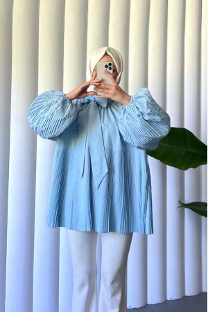 Yakası Bağcıklı Kolları ve Eteği Pliseli Tunik -Bebe Mavi