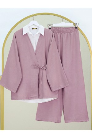 Front Tie Trouser Kimono Set      -Powder