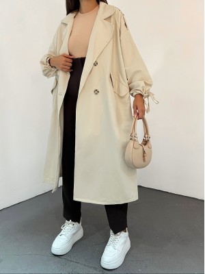 Kapaklı Cepli Kolu Bağcıklı Trençkot -Taş