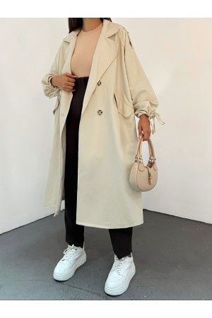 Kapaklı Cepli Kolu Bağcıklı Trençkot -Stone
