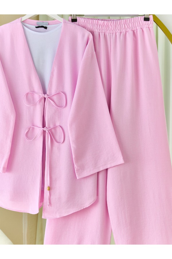 Kimono Set with Double Front Tie and Trousers       -Pink
