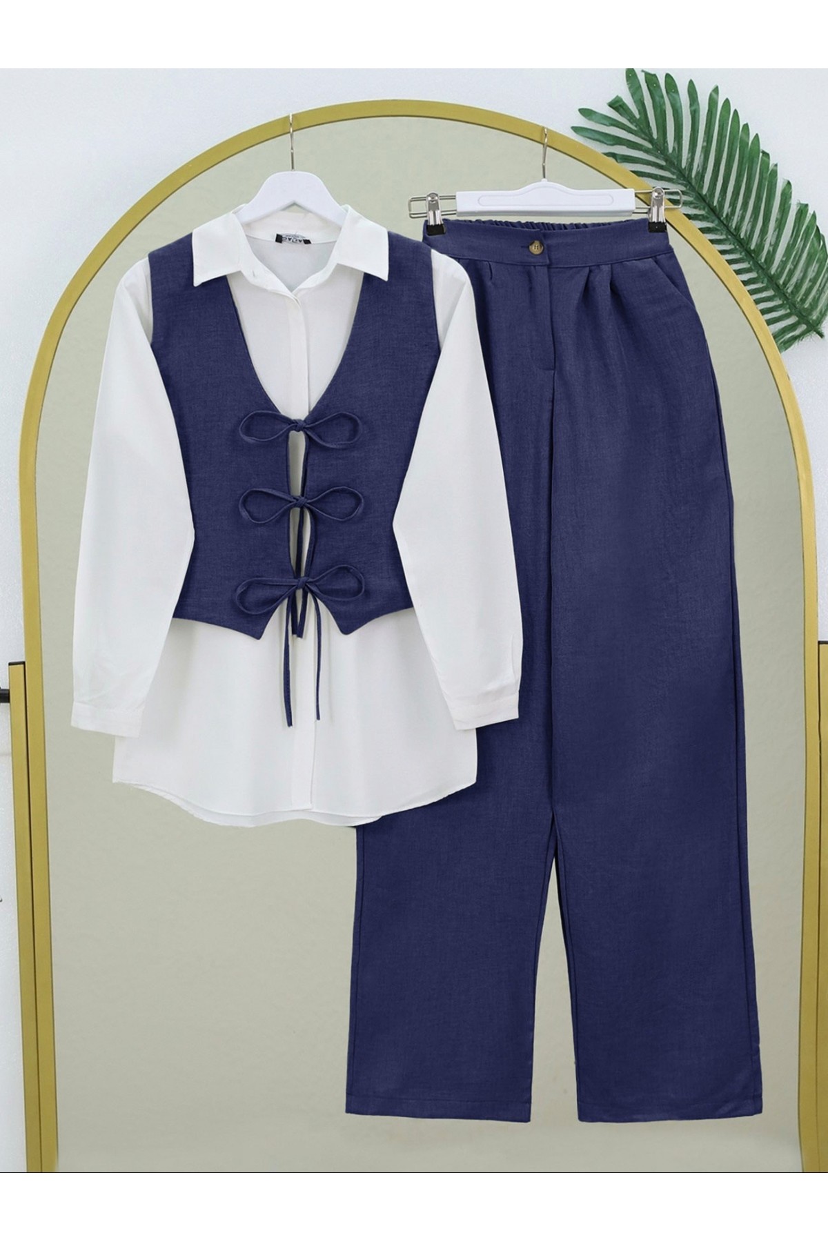 Double Linen Suit with Lace-Up Vest and Wide Leg Trousers -Navy blue