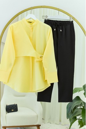 Yandan Bağlamalı Boydan Düğmeli Tunik -Açık Sarı