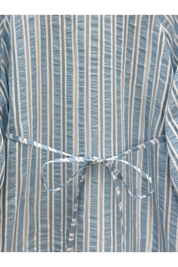 Balloon Sleeve Waist Tie Lined Striped Tunic -Baby Blue