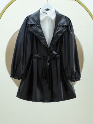 Çift Cepli Düğmeli Kolu Lastikli Deri Kap -Siyah