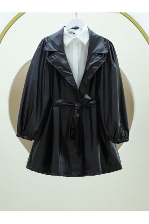 Çift Cepli Düğmeli Kolu Lastikli Deri Kap -Siyah