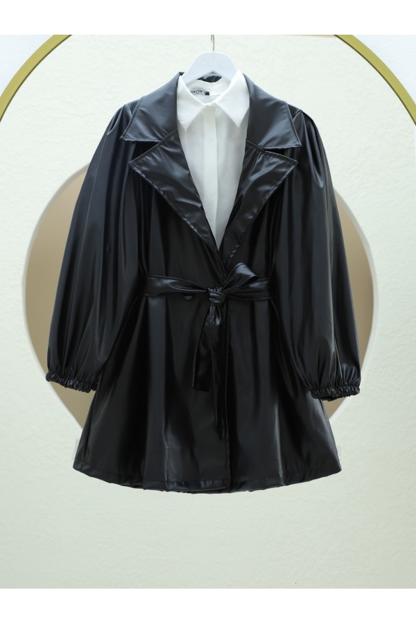 Double Pocket Buttoned Elastic Sleeve Leather Coat -Black