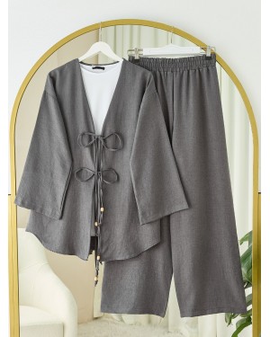Önü Çift Bağlamalı Pantolonlu Kimono Takım       -Antrasit