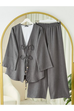 Kimono Set with Double Front Tie and Trousers       -Anthracite